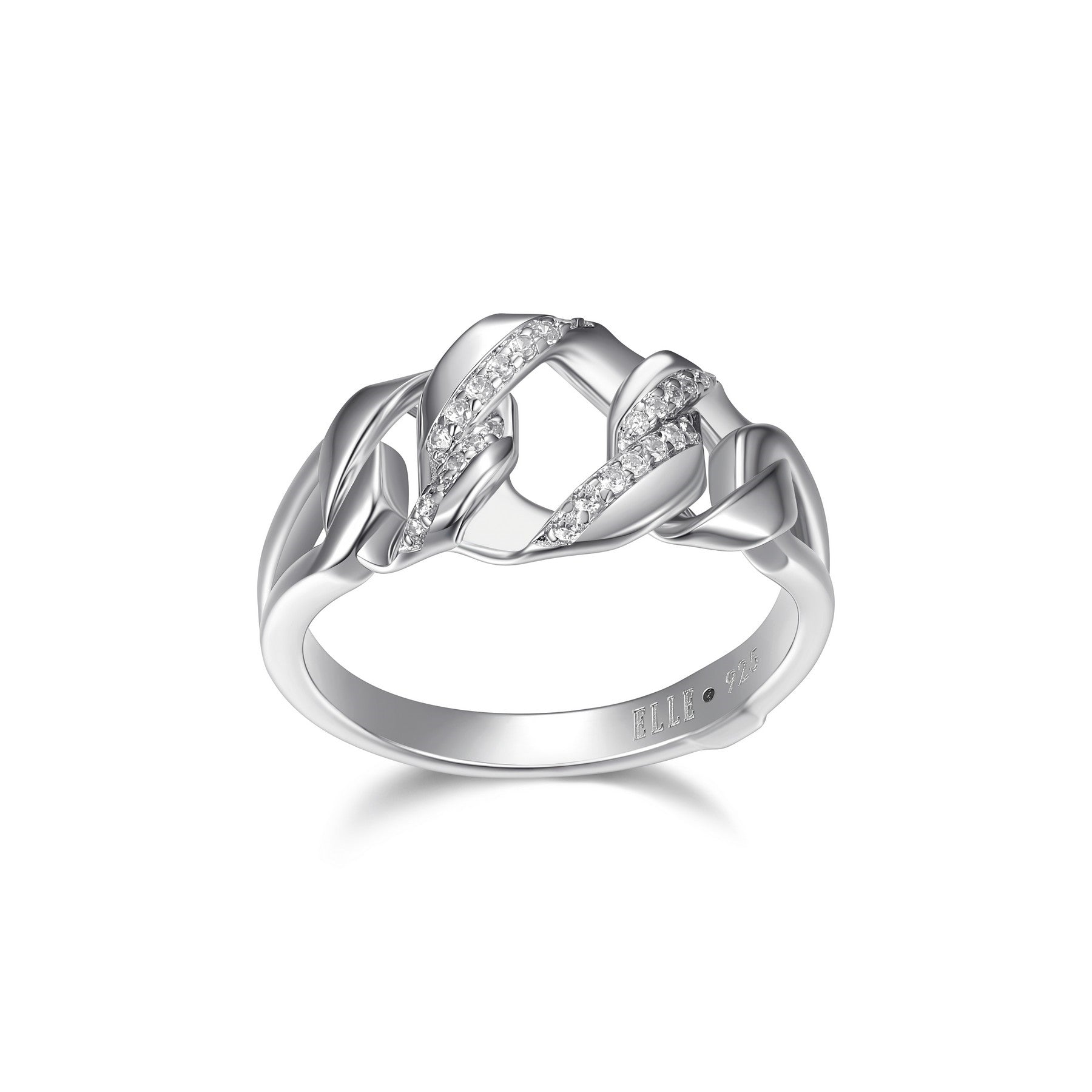 ELLE "Lattice" Sterling Silver Hexagon Link and Pave Cubic Zirconia Ring - Silver - Size 6