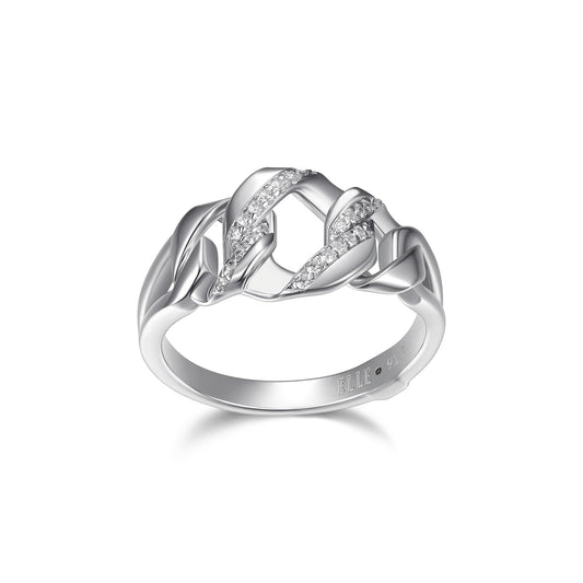 ELLE "Lattice" Sterling Silver Hexagon Link and Pave Cubic Zirconia Ring - Silver - Size 6