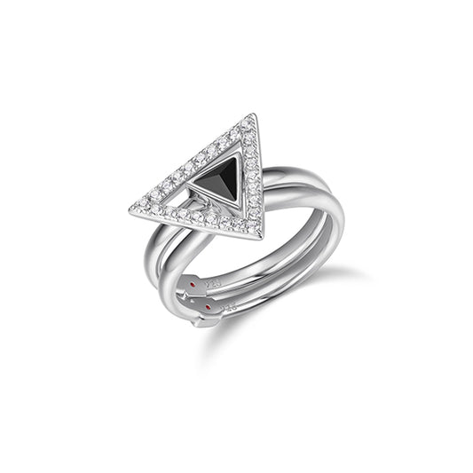 ELLE "Spatial" Sterling Silver Black Agate and Pave Cubic Zirconia Duet Rings - Silver - Size 7