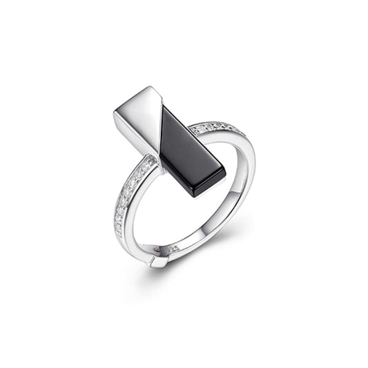ELLE "Spatial" Sterling Silver Black Agate and Pave Cubic Zirconia Bar Bracelet - Silver - Size 7