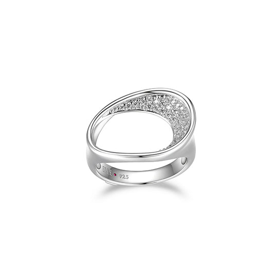 ELLE "Lake Mirror" Sterling Silver Oviform Pave Cubic Zirconia Open Ring - Silver - Size 7