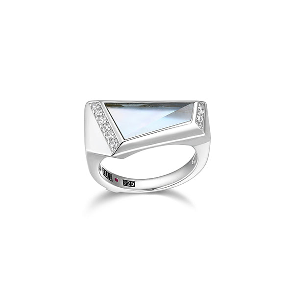 ELLE "Iceberg" Mother of Pearl and Topaz Doublet with Cubic Zirconia Ring - Silver - Size 7