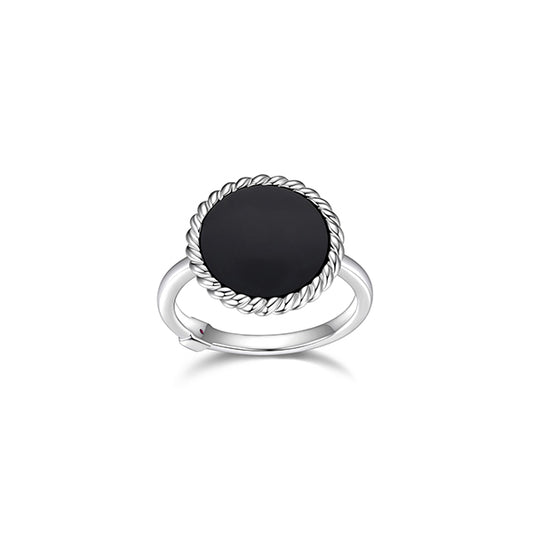 ELLE "Nautical" 12mm Round Black Agate with Rope Trim Ring - Silver - Size 7