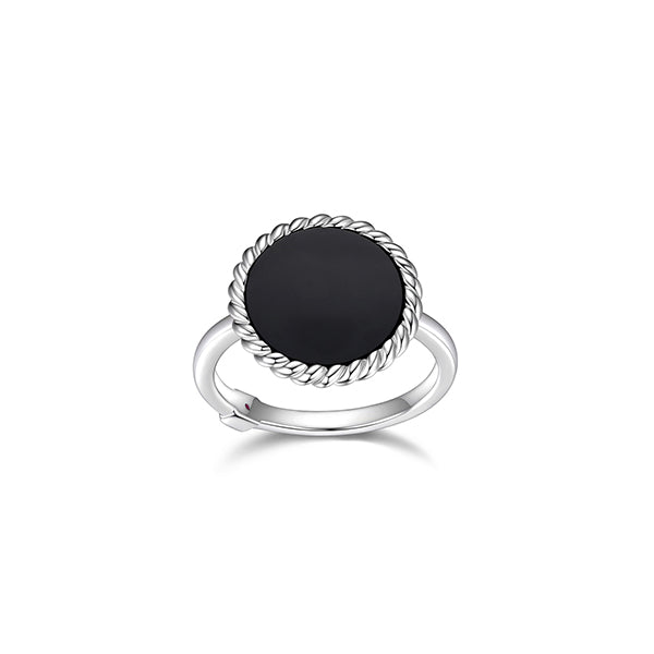 ELLE "Nautical" 12mm Round Black Agate with Rope Trim Ring - Silver - Size 8