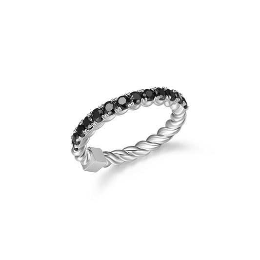 ELLE "Nautical" Rope Finish with Round Black Spinel Ring - Silver - Size 6
