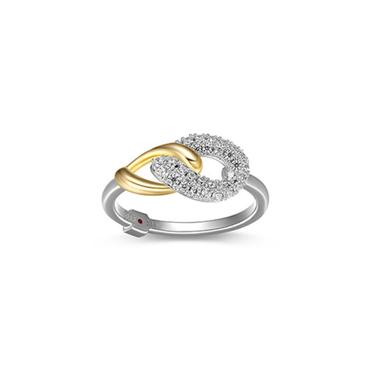 ELLE "Ebullience" Twisted Oval Link with Cubic Zirconia Ring - Silver and Gold - Size 8