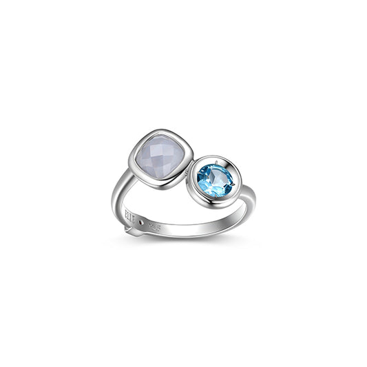ELLE "Mirage" Round Topaz and Cushion Cut Agate Bezel Set Bypass Ring - Blue - Size 8