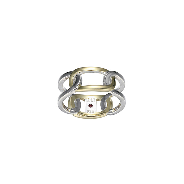 ELLE "Parallel" Two-tone Sterling Silver Open Oblong Link Ring - Silver - Size 7