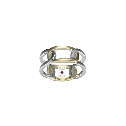 ELLE "Parallel" Two-tone Sterling Silver Open Oblong Link Ring - Silver - Size 7