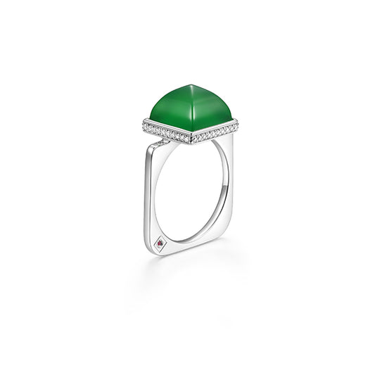ELLE "Pivot" Genuine Green Agate & Cubic Zirconia Band Statement Ring - Silver - Size 9