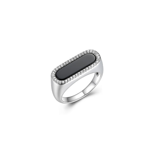 Charles Garnier Sterling Silver "Paperclip" Oval Black Agate with CZ Ring - Silver - Size 7