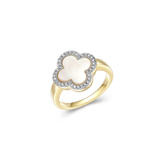Charles Garnier Sterling Silver "Bliss" Mother of Pearl with CZ Clover Ring - Gold - Size 7
